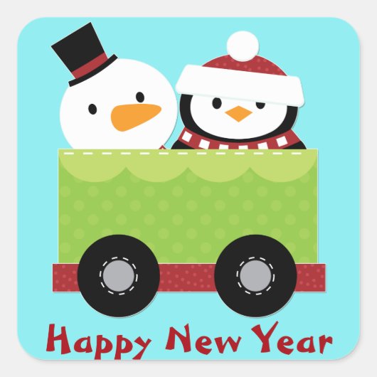 Snowman Penguin Trein Auto Kerstmis Vierkante Sticker (Voorkant)