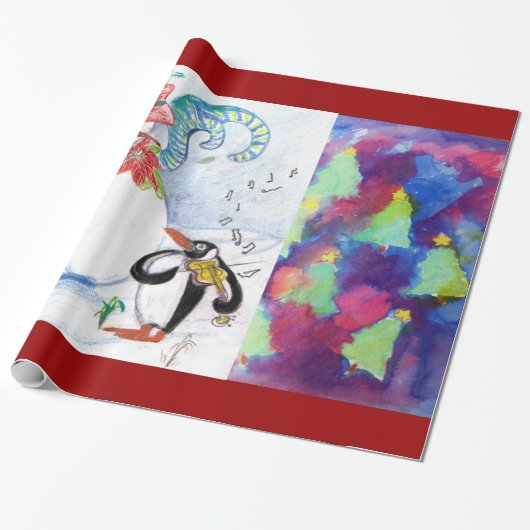SNOWMAN, PENGUIN'S SERENADE EN COLORFUL XMAS TREES CADEAUPAPIER (Uitgerold)