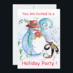 SNOWMAN, PENGUIN'S WINTER SERENADE HOLIDAY PARTY KAART<br><div class="desc">Whimsical,  kleurrijk origineel pastelschilderij in blauwe witte rode kleuren,  sneeuwman en pinguïn die in wintersneeuw viool spelen met rode bloemen,  bloedig.door Bulgan Lumini c.</div>