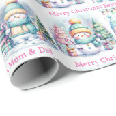 Snowman Personaliseer Pink Name Girl's Christmas Cadeaupapier (Rol Hoek)