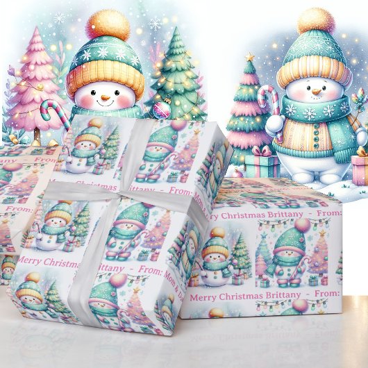 Snowman Personaliseer Pink Name Girl's Christmas Cadeaupapier