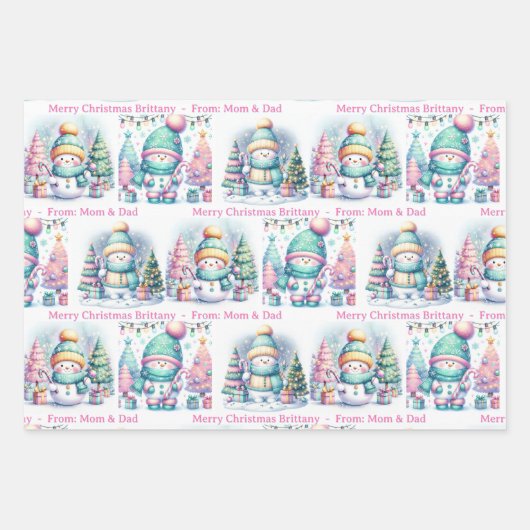 Snowman Personaliseer Roze Naam Meisje Kerstmis 3 Inpakpapier Vel (Voorkant 3)