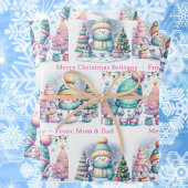 Snowman Personaliseer Roze Naam Meisje Kerstmis 3 Inpakpapier Vel