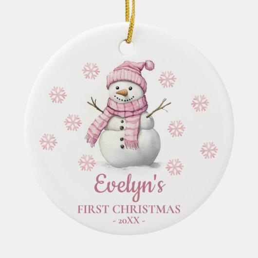 Snowman Personalized Girl's First Christmas Keramisch Ornament (Voorkant)