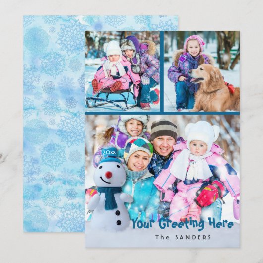 Snowman, persoonlijke groet met drie foto's (Voorkant / Achterkant)