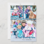 Snowman, persoonlijke groet met drie foto's<br><div class="desc">Deze kleine glimlachende sneeuwman met blauw pet en sjaal stuurt je persoonlijke groeten naar je familie en vrienden samen met drie van je favoriete foto's. De achterzijde is voorzien van een sneeuwvlokvormig waterverf-ontwerp. Klik op het tabblad AANPASSING om aanvullende wijzigingen aan te brengen zoals het wijzigen van de lettertypestijl, -grootte...</div>