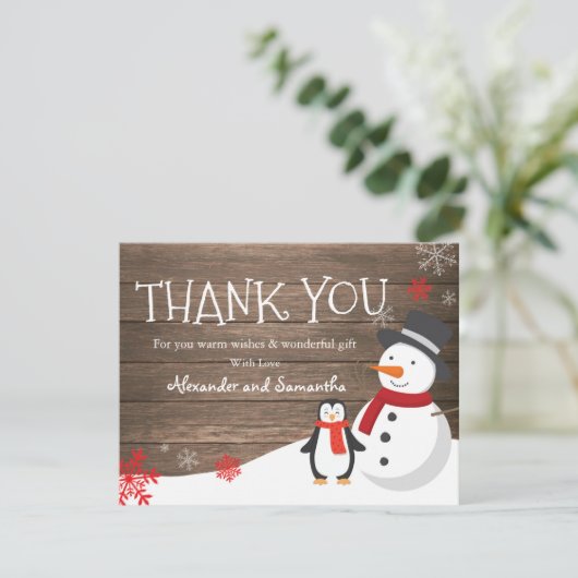 Snowman pinguin Winter Rustic Wood Dank u wel (Staand voorkant)