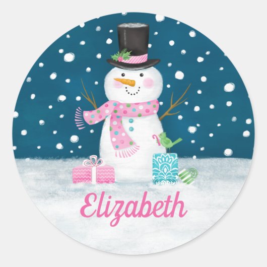 Snowman Pink Cute Personalized Christmas Holiday Ronde Sticker (Voorkant)