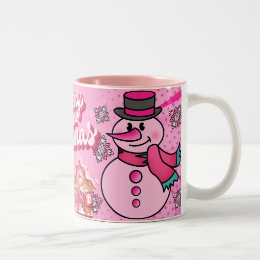snowman pink, merry chrisnas tweekleurige koffiemok (Rechts)