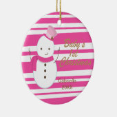 Snowman Pink Zebra Baby's eerste kerstversiering Keramisch Ornament (Rechts)