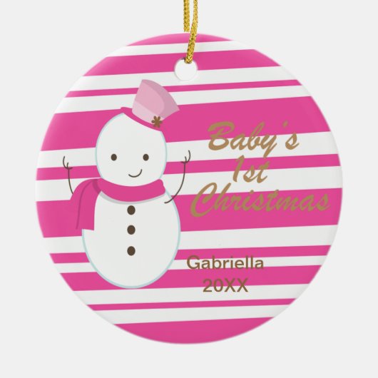 Snowman Pink Zebra Baby's eerste kerstversiering Keramisch Ornament (Voorkant)