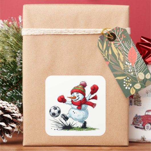 Snowman Playing Soccer Kicking Ball Vierkante Sticker (Feestdagen)