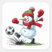 Snowman Playing Soccer Kicking Ball Vierkante Sticker (Voorkant)