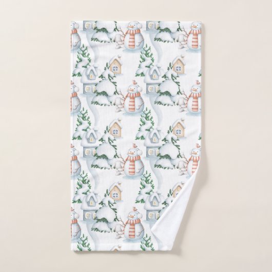 Snowman Rabbit Tree Snow House Kerstmis Bad Handdoek (Handdoek)
