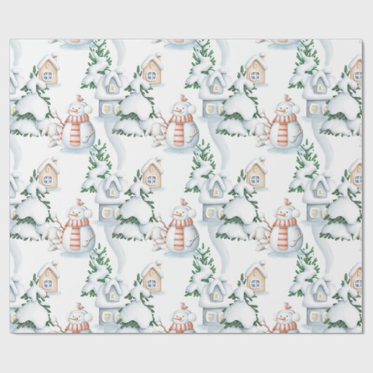 Snowman Rabbit Tree Snow House Kerstmis Cadeaupapier (Vlak)