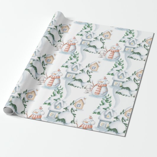 Snowman Rabbit Tree Snow House Kerstmis Cadeaupapier (Uitgerold)
