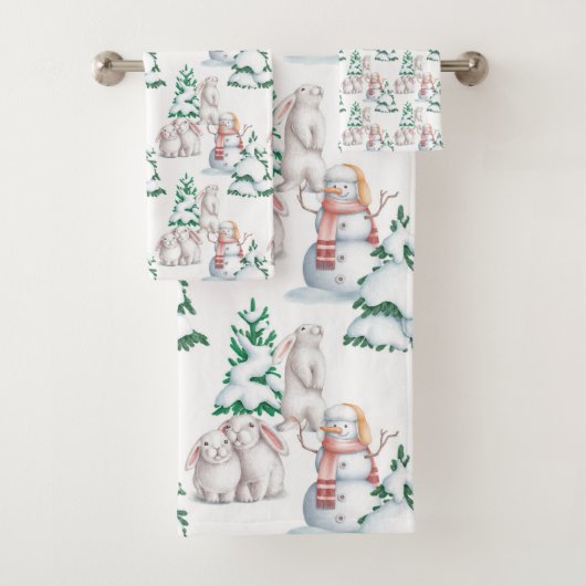 Snowman Rabbits Trees Snow Waterverf Kerstmis Bad Handdoek (Insitu)