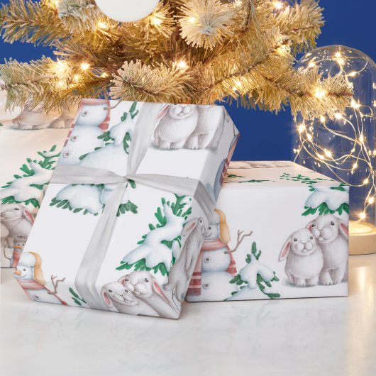 Snowman Rabbits Trees Snow Waterverf Kerstmis Cadeaupapier (Feestdagen)
