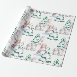 Snowman Rabbits Trees Snow Waterverf Kerstmis Cadeaupapier