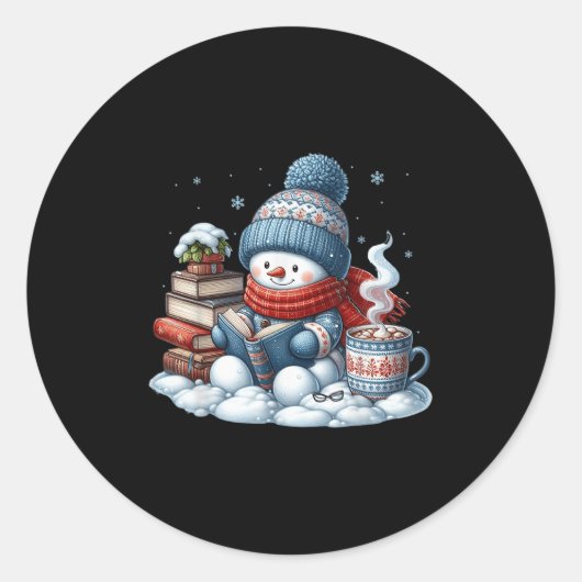 Snowman Reading Books Lovers Librarian Bookworm Ch Ronde Sticker (Voorkant)