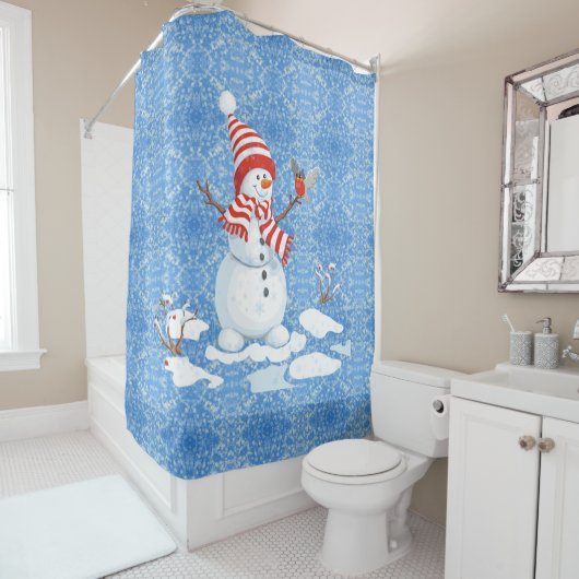 Snowman Red Bird Kerstbathroom Tub Shower Cur Douchegordijn (In situ)