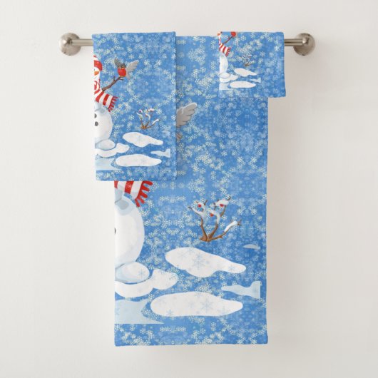 Snowman & Red Bird Kerstgast Bathroom Bath T Bad Handdoek (Insitu)