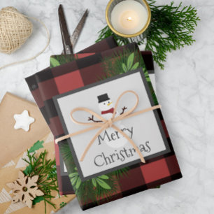 Snowman Red Buffalo Plaid   Zwart en rood Inpakpapier Vel