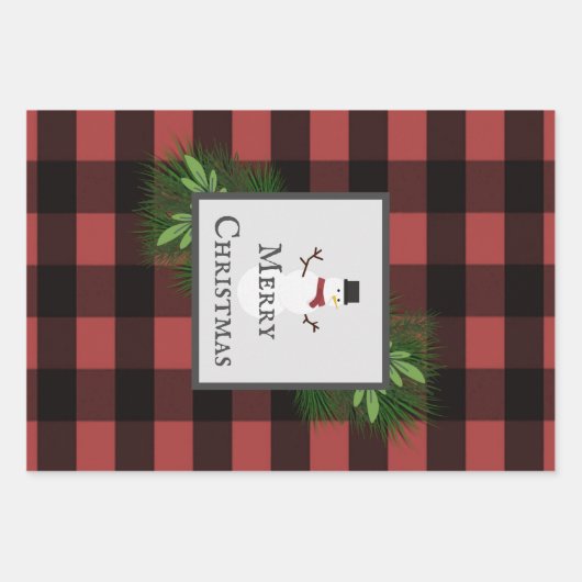 Snowman Red Buffalo Plaid | Zwart en rood Inpakpapier Vel (Voorkant 2)