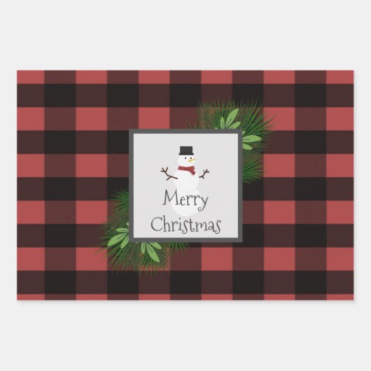 Snowman Red Buffalo Plaid | Zwart en rood Inpakpapier Vel (Voorkant)