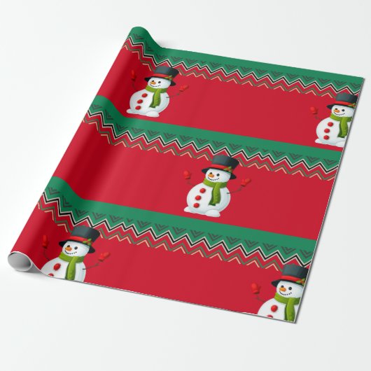 Snowman Red en Green Chevron Pattern Ribbon Cadeaupapier (Uitgerold)