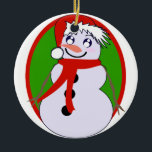 Snowman Red en Green Ornament<br><div class="desc">Een schattige klassieke sneeuwman met 3 sneeuwbollen als lichaam,  3 klontjes kolenknoppen,  een wortelneus en twijgarmen. Maar deze leuke sneeuwman heeft ook kawaï-anime ogen,  roze wangen,  een bont-gesneden pet,  een sjaal. De cirkels kunnen worden verplaatst/verwijderd.</div>