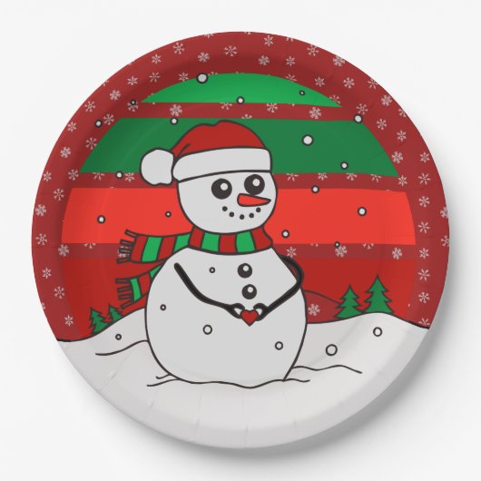 Snowman  regenboogsneeuwvlokken Rood groen 9" Papieren Bordje (Voorkant)