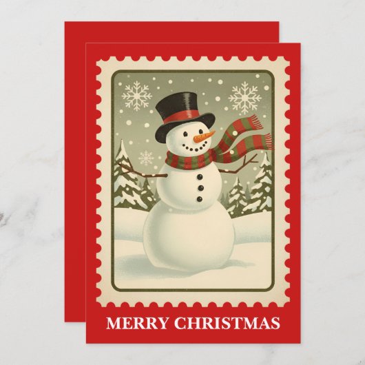 Snowman | Retro Postzegel Kerst Kaart (Voorkant / Achterkant)