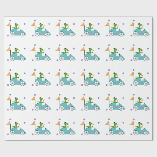 Snowman rijft met z'n racewagen cadeaupapier (Vlak)