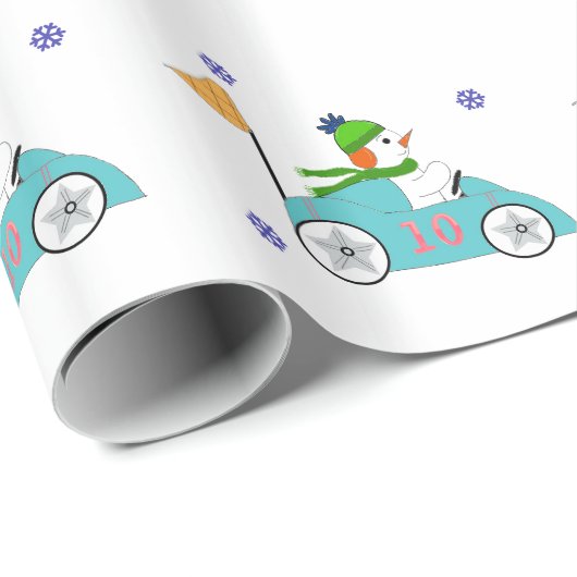 Snowman rijft met z'n racewagen cadeaupapier (Rol Hoek)