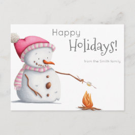 Snowman Roasting Marshmallows Family Holiday Briefkaart