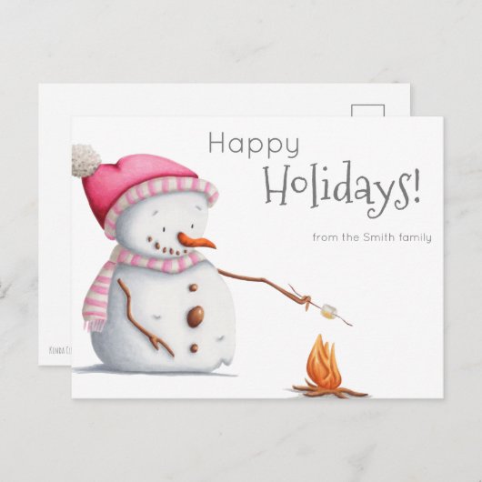 Snowman Roasting Marshmallows Family Holiday Briefkaart (Voorkant / Achterkant)
