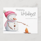 Snowman Roasting Marshmallows Family Holiday Briefkaart (Voorkant)