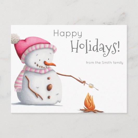 Snowman Roasting Marshmallows Family Holiday Briefkaart (Voorkant)
