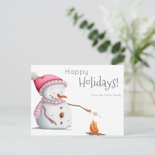 Snowman Roasting Marshmallows Family Holiday Briefkaart (Staand voorkant)