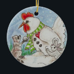 Snowman Rooster, Raccoon en Bunny Wildlife Art Keramisch Ornament<br><div class="desc">"Laten we een sneeuwman bouwen!" Snow Bunny zei tegen Raccoon. "Nee,  laten we in plaats daarvan een sneeuwrooster maken. Hier is een sjaal om hem warm te houden, " antwoordde Raccoon. Van een van mijn originele ACEO-kunstkaarten.</div>