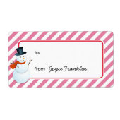 Snowman roze strepen op maat van geschenkend label (Voorkant)