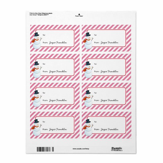 Snowman roze strepen op maat van geschenkend label (Full Sheet)