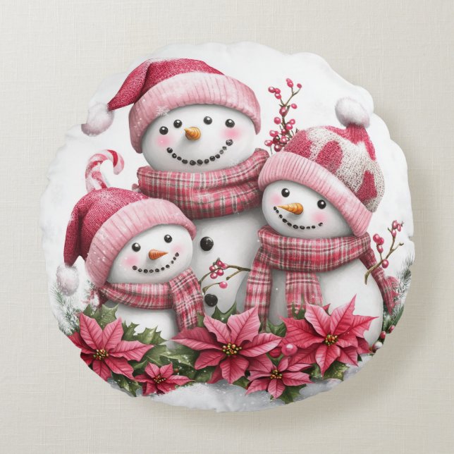 Snowman Santa Familie Cirkelkussen Rond Kussen (Voorkant)