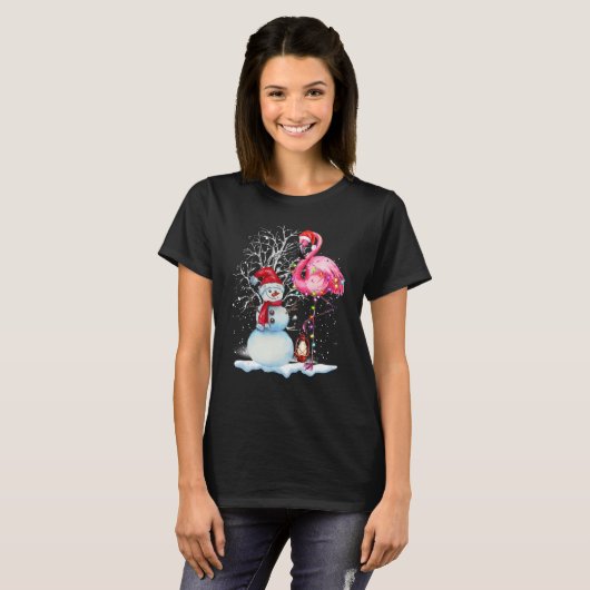 Snowman Santa Hat Flamingo T-shirt (Voorkant volledig)