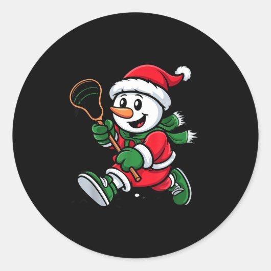 Snowman Santa Hat Playing Lacrosse Christmas Playe Ronde Sticker (Voorkant)