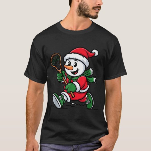 Snowman Santa Hat Playing Lacrosse Christmas Playe T-shirt (Voorkant)