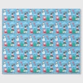 Snowman Santa Kinder Persoonlijk Blauwe Kerstmis Cadeaupapier (Vlak)