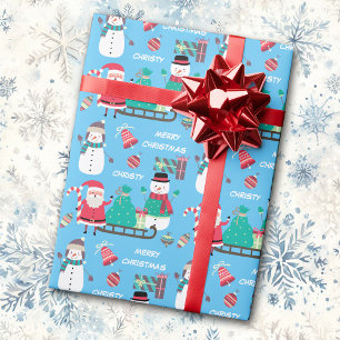 Snowman Santa Kinder Persoonlijk Blauwe Kerstmis Cadeaupapier