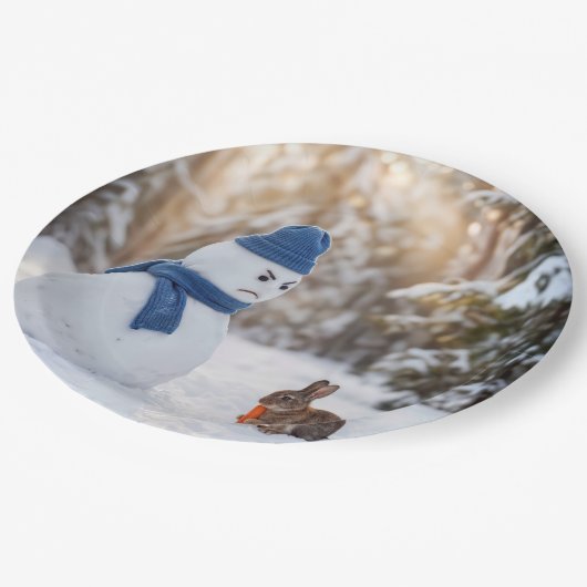 Snowman Scowling at a Rabbit Papieren Bordje (Gekanteld)